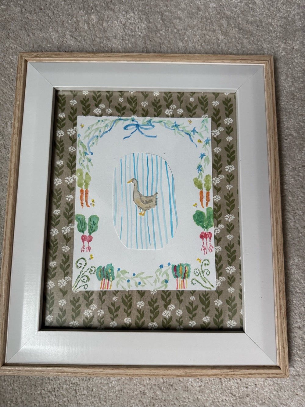 Framed Watercolor Duck in Pastel Garden Colors